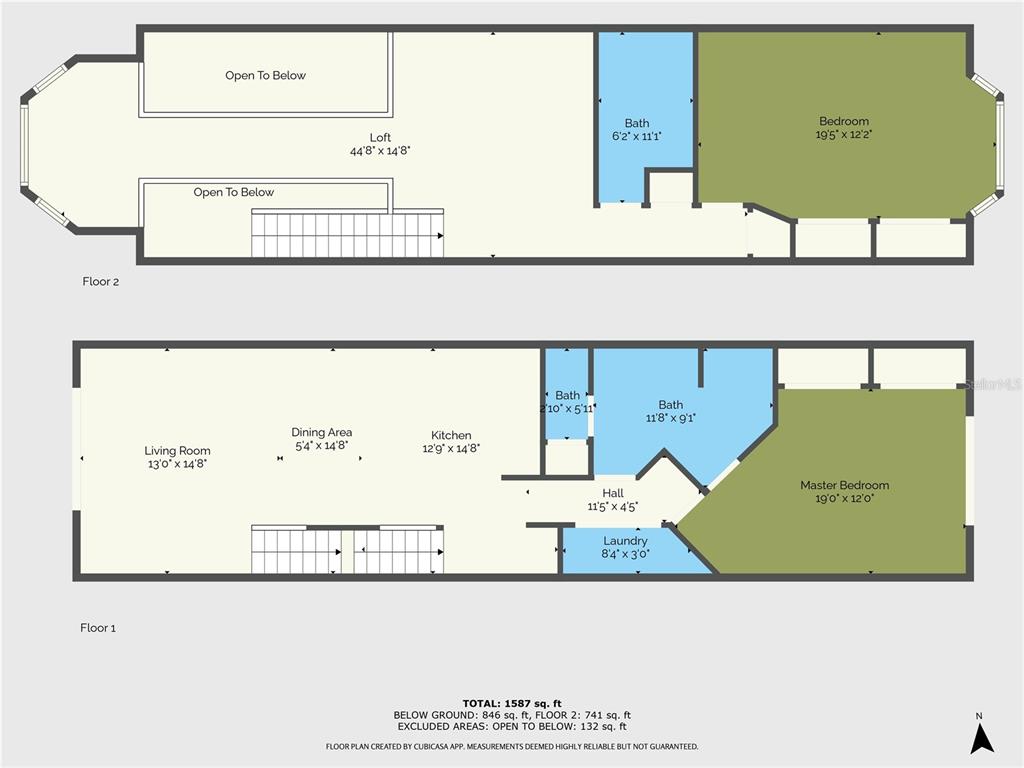 This is a two-story floor plan showing a living area, kitchen, two bedrooms, and three bathrooms — 8246 AQUILA STREET, PORT RICHEY, FL