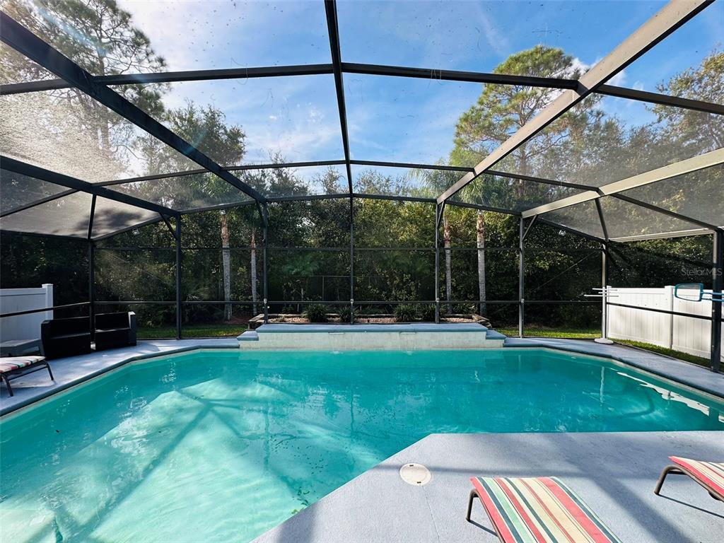 A screened-in swimming pool with a raised water feature and surrounding patio area — 1049 LAKE BERKLEY DRIVE, KISSIMMEE, FL
