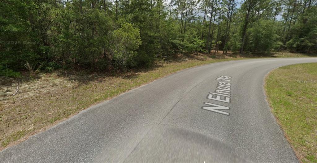 A paved road curves through a wooded area with a street name painted on the asphalt — 6477 N ELNORA WAY, DUNNELLON, FL