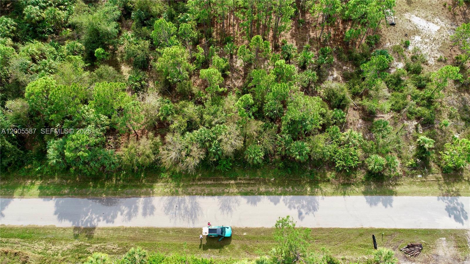 An aerial view shows a paved road with a parked vehicle beside a wooded lot — 26373 DEER, Punta Gorda FL 33950, PUNTA GORDA, FL