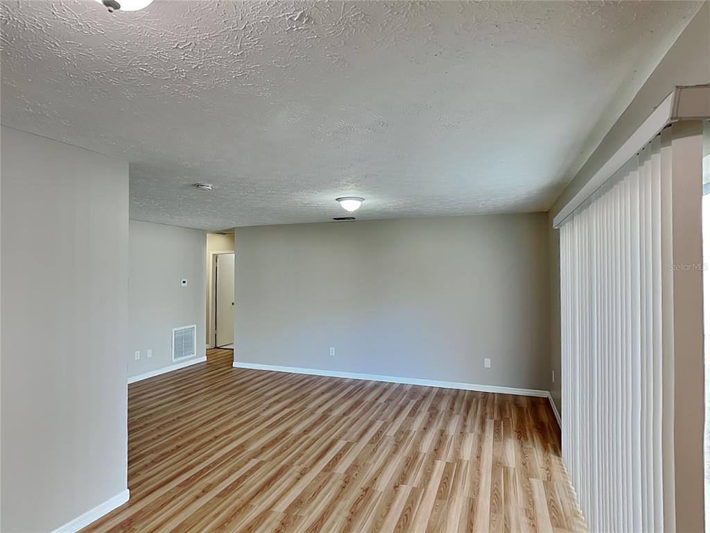 An empty living room features light-colored walls, wood-look flooring, and vertical blinds on sliding doors — 2704 MANOR HILL DRIVE, BRANDON, FL
