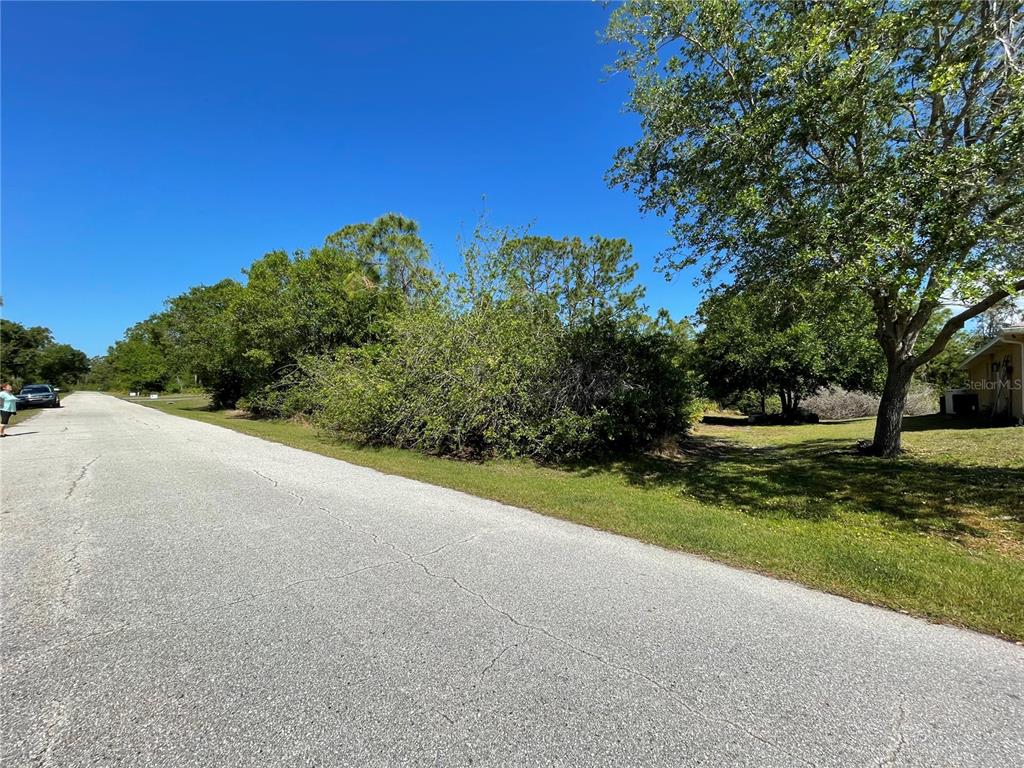 A paved road runs alongside a vacant, tree-covered lot under a clear blue sky — 23430 RACINE AVE, PORT CHARLOTTE, FL