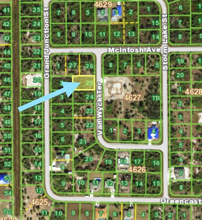 This is a satellite map showing a highlighted vacant residential lot in a suburban neighborhood — 10441 VAN WYCK TERRACE, PORT CHARLOTTE, FL