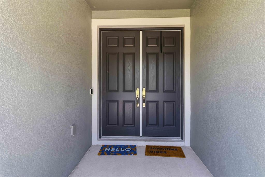 A dark double front door with two welcome mats sits under a covered entryway — 6404 MAIDEN SEA DRIVE, APOLLO BEACH, FL