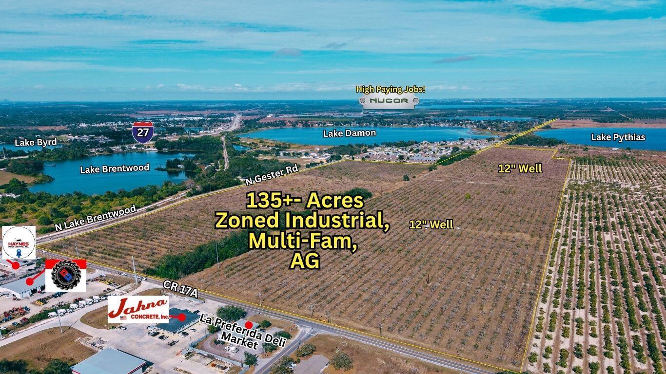 This aerial map shows a large plot of land with surrounding lakes and roads — 214 E Shockley Road, FL 33825, FL