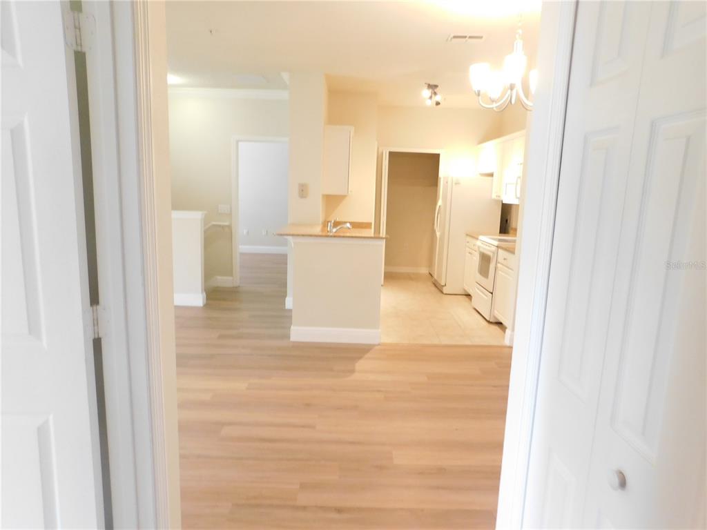 A view from a doorway looking into a kitchen with light wood-look flooring — 417 SOUTHERN PECAN CIRCLE UNIT 201, WINTER GARDEN, FL