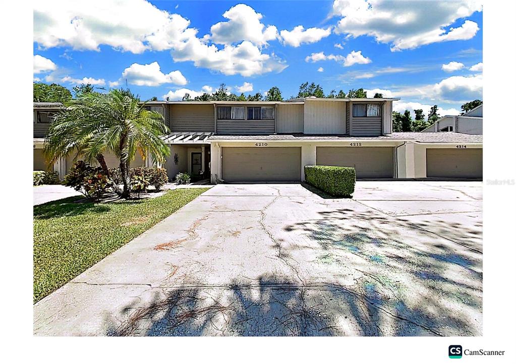 A row of attached townhouses features concrete driveways, garage doors, and a palm tree — 4210 FORESTER LANE, TAMPA, FL
