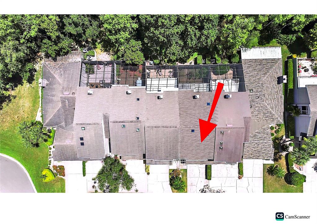 An aerial view shows the roof and screened-in lanais of a multi-unit residential building — 4210 FORESTER LANE, TAMPA, FL