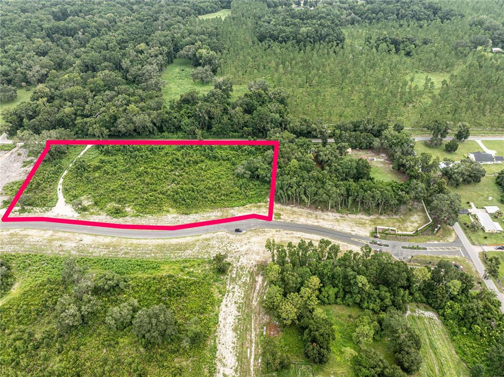 An aerial view shows a vacant, rectangular plot of land outlined in pink near a road — 1480 OXFORD PRESERVE TRL, OXFORD, FL