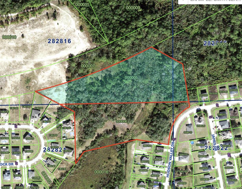 This is a satellite map showing a highlighted parcel of land surrounded by residential lots — 0 HUDSON VALLEY DRIVE, KISSIMMEE, FL