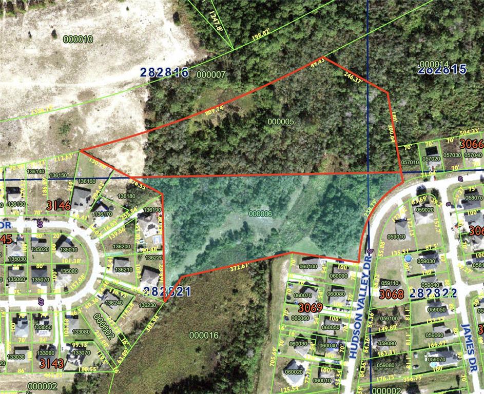 This is a property tax map showing parcel boundaries and lot dimensions over an aerial view — 0 HUDSON VALLEY DRIVE, KISSIMMEE, FL