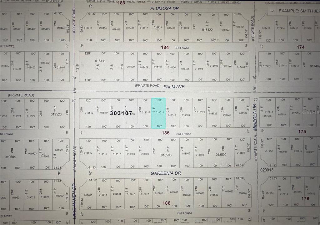 This image is a land parcel map showing property boundaries and dimensions — 513 PALM AVENUE, INDIAN LAKE ESTATES, FL