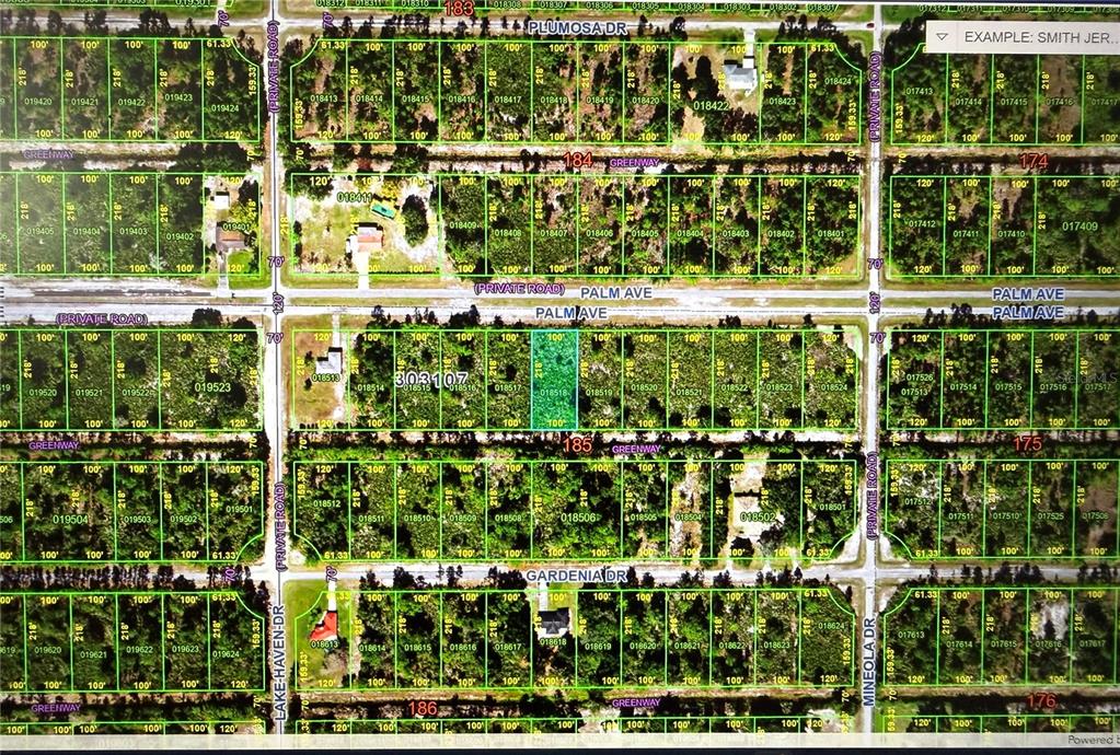 This is a land survey map showing residential property lot lines and street layouts — 513 PALM AVENUE, INDIAN LAKE ESTATES, FL
