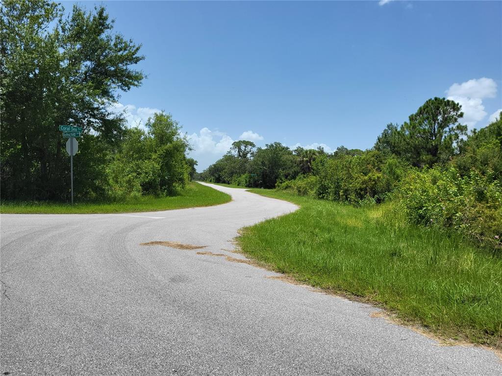A paved road curves through a rural area with dense trees and grassy shoulders — 14471 CORAL SEA AVENUE, PORT CHARLOTTE, FL