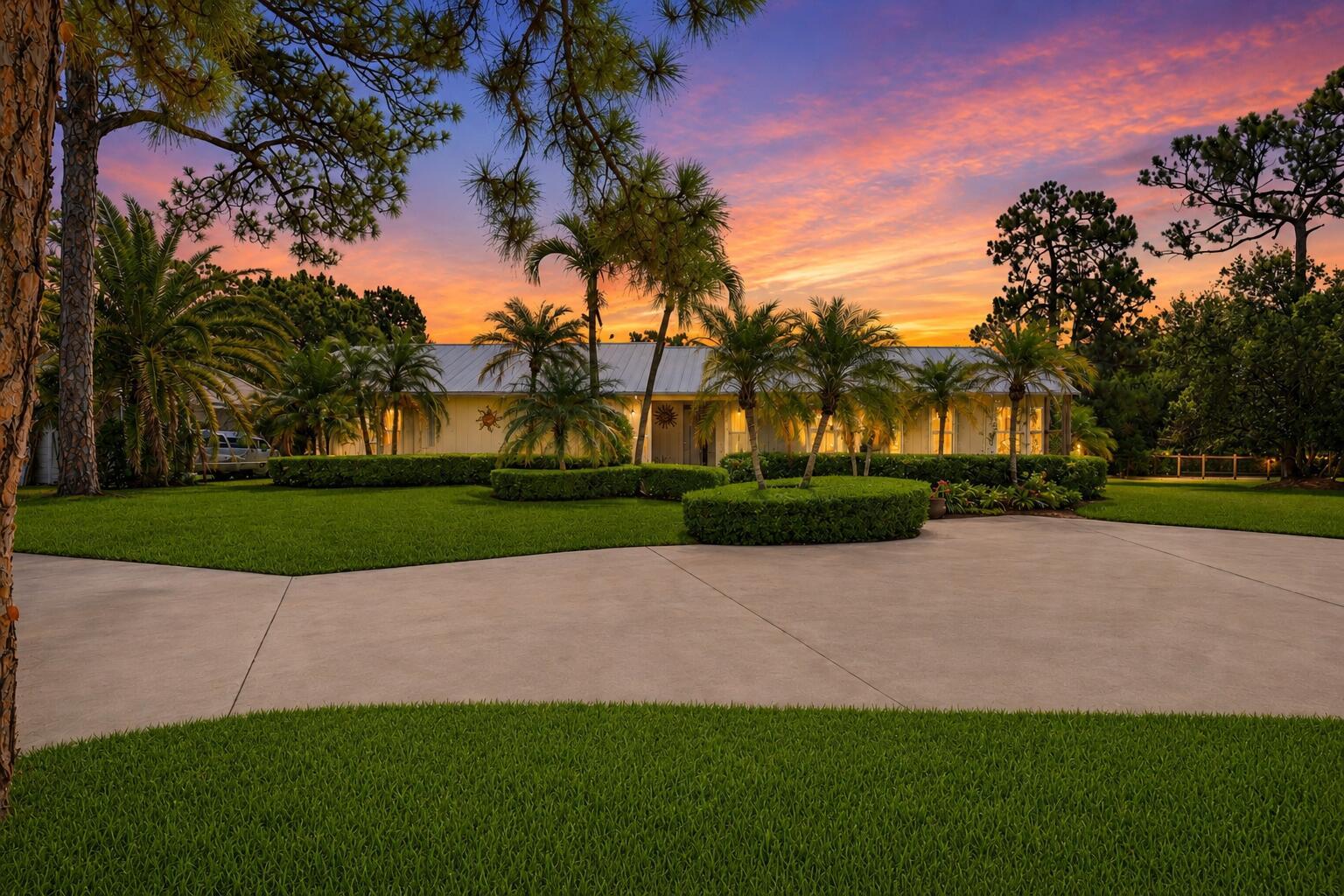 A single-story house with a metal roof and palm trees at sunset — 16208 132nd Terrace N, Jupiter FL 33478, JUPITER, FL