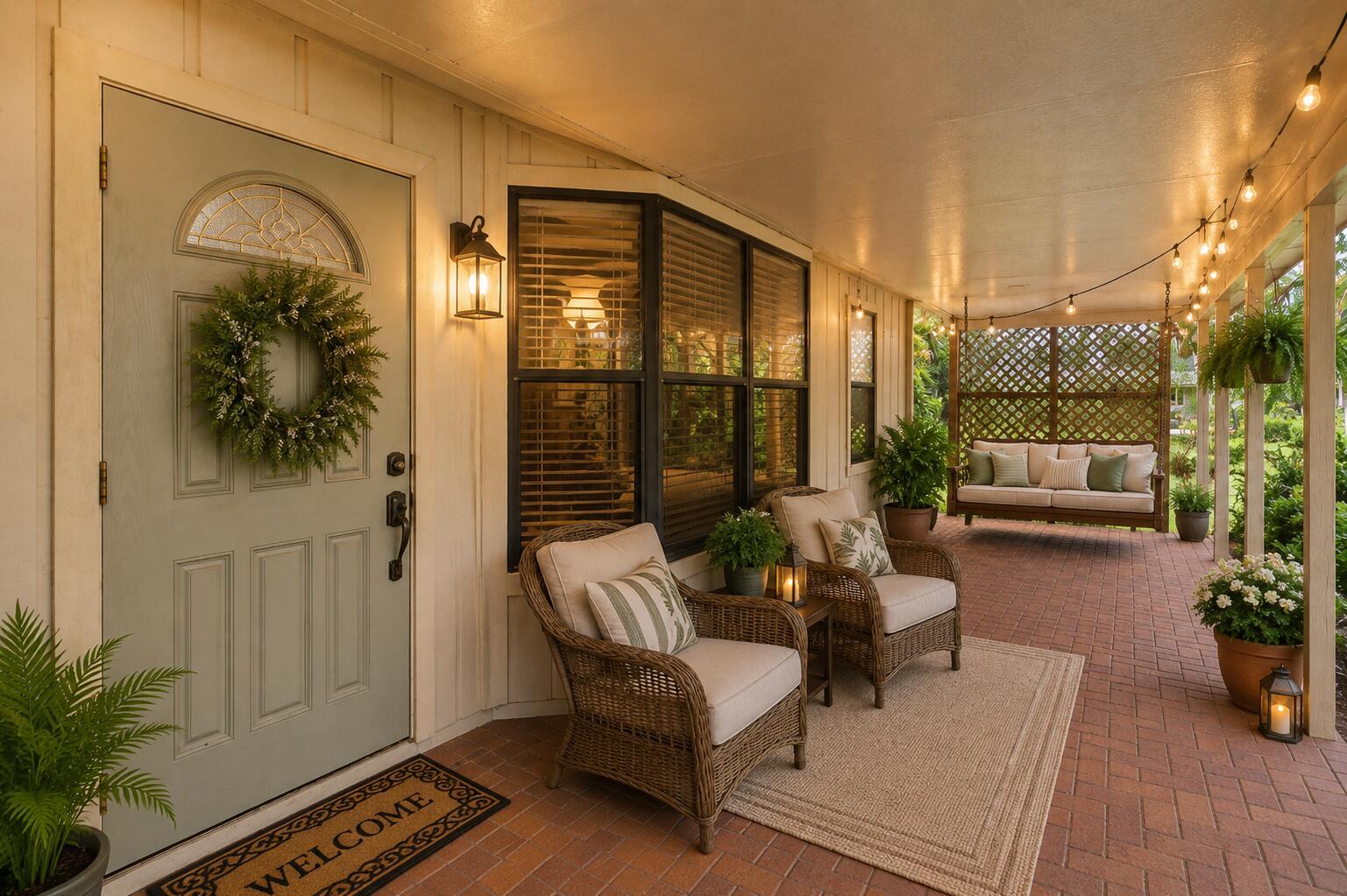 A covered brick porch features a light green front door, wicker seating, and string lights — 16208 132nd Terrace N, Jupiter FL 33478, JUPITER, FL