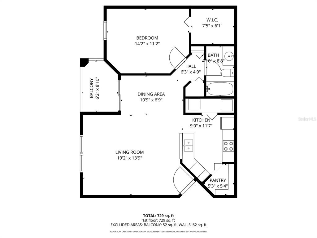 This is a floor plan for a one-bedroom apartment with a balcony and walk-in closet — 2141 PORTOFINO PLACE UNIT 8-2826, PALM HARBOR, FL
