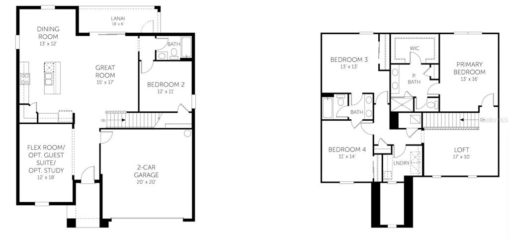 This is a two-story floor plan showing a four-bedroom house with a two-car garage — 6849 NW GLYNLEA BOULEVARD, PORT ST LUCIE, FL