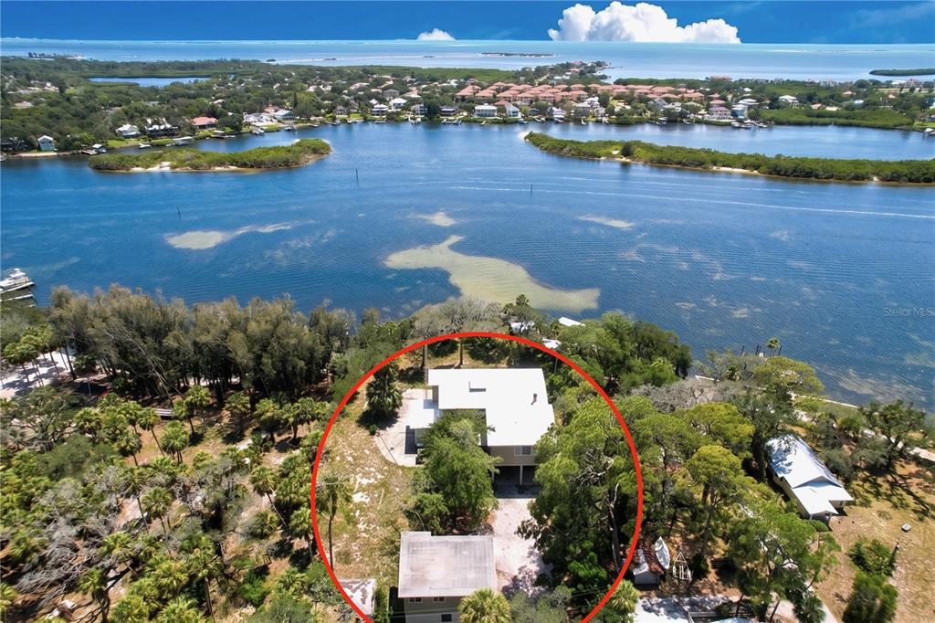 An aerial view shows a house surrounded by trees near a large body of water — 1275 MICKLER LANE, TARPON SPRINGS, FL