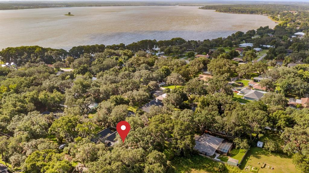 An aerial view shows a house marked with a red pin surrounded by dense trees — 403 MISSION LANE, HOWEY IN THE HILLS, FL