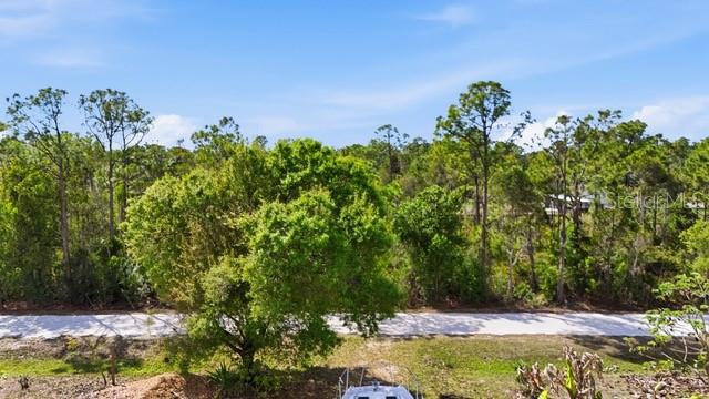 An aerial view shows a dirt road running through a wooded area with a boat — 12143 CARTOUCHE AVENUE, PUNTA GORDA, FL