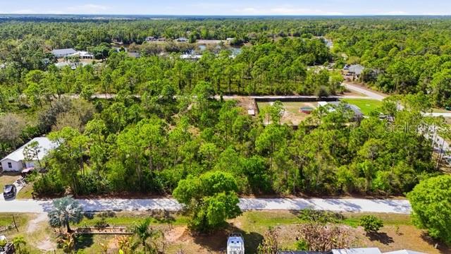 An aerial view shows a wooded residential lot with a road in the foreground — 12143 CARTOUCHE AVENUE, PUNTA GORDA, FL