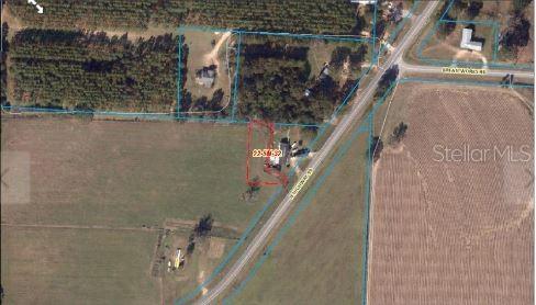 This aerial map shows a property parcel outlined in red along a highway — 3800 HIGHWAY 99, CENTURY, FL