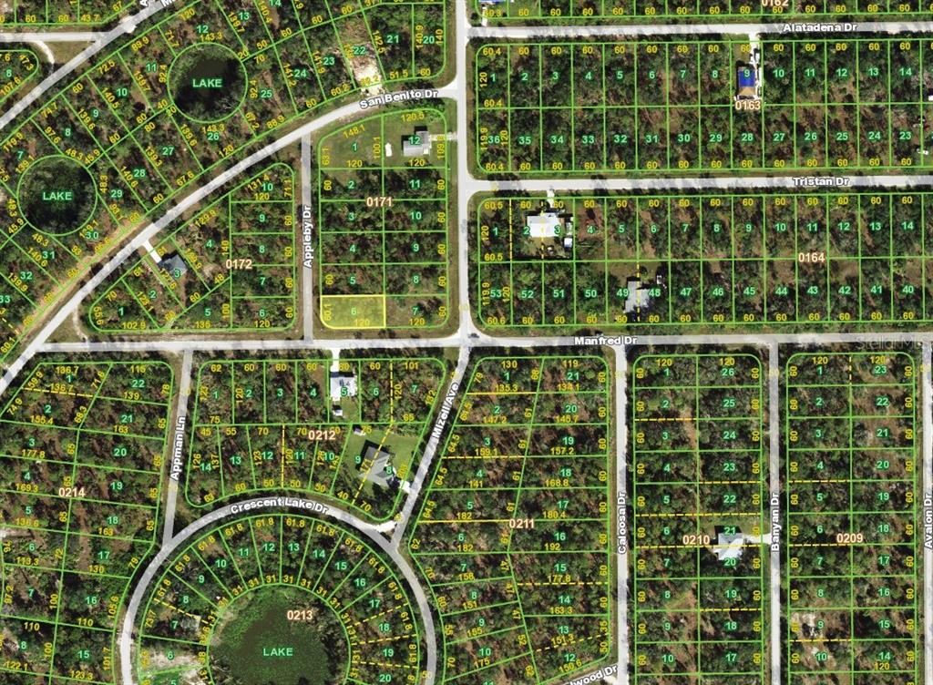 This is a satellite map showing residential lots, streets, and lakes in a neighborhood — 13130 APPLEBY DRIVE, PUNTA GORDA, FL