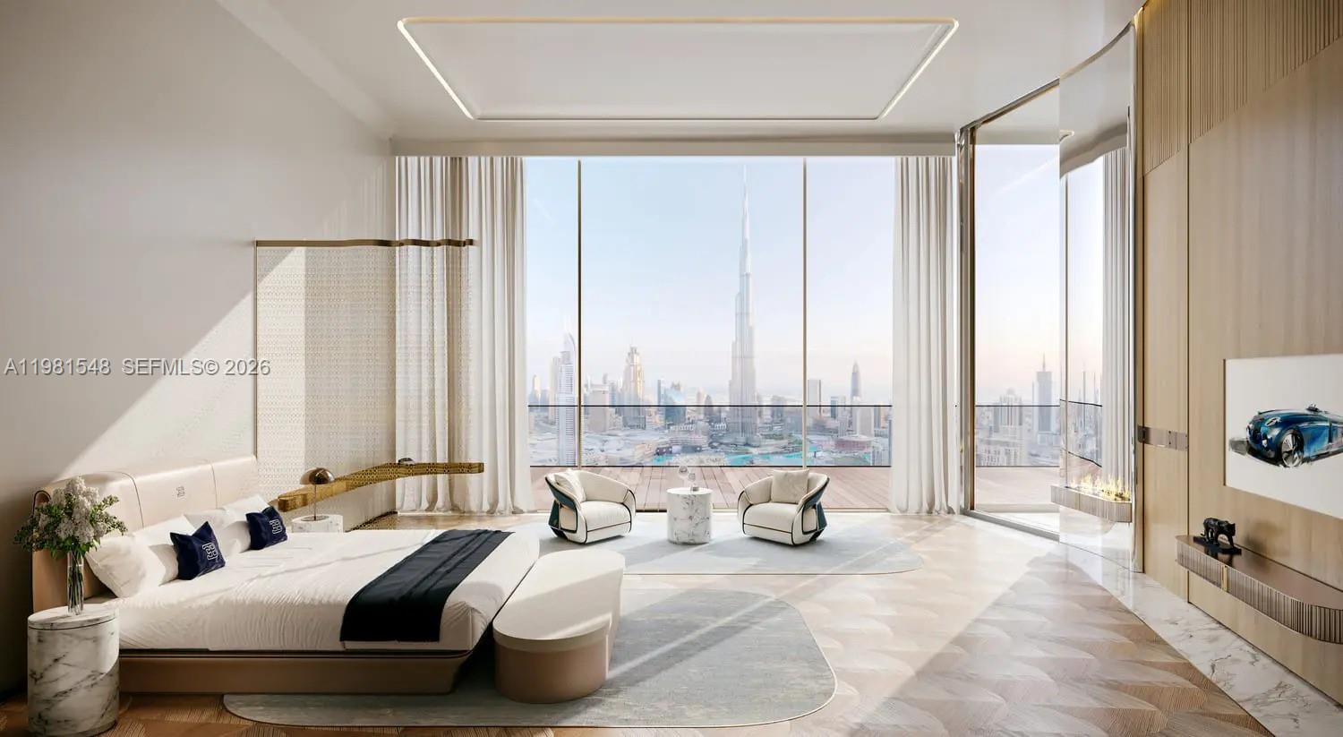 This rendering shows a modern bedroom with floor-to-ceiling windows overlooking the Burj Khalifa — 284032 Marasi Drive # 0, Dubai, FL