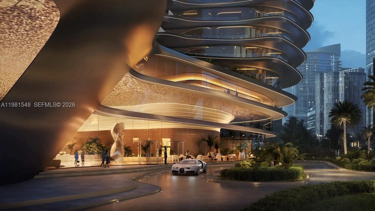 This architectural rendering shows the modern, curved exterior entrance of a luxury high-rise building — 284032 Marasi Drive # 0, Dubai, FL