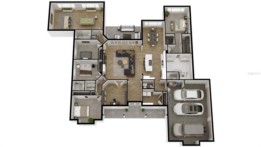 This is a 3D floor plan of a single-story house with a three-car garage — 3412 LAKE DIANE ROAD, TAVARES, FL