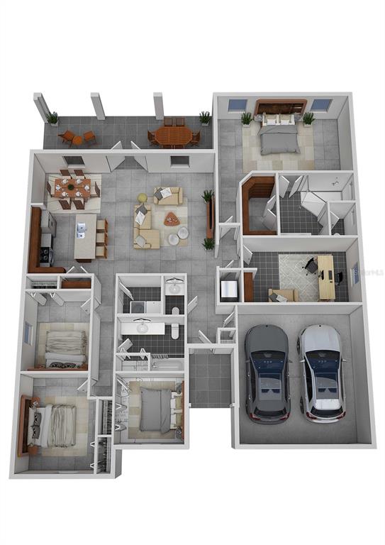 This 3D floor plan shows a three-bedroom house with an open living area and garage — 1319 SCHNEIDER STREET SW, PALM BAY, FL
