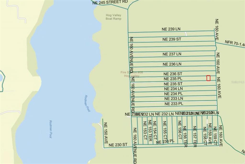 This is a map showing the road layout and surrounding area near Rodman Pool — Lot 21 NE STREET, FORT MC COY, FL