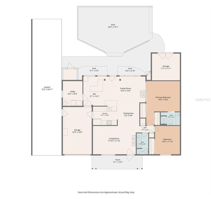 This is a floor plan of a house featuring a garage, carport, deck, and yard — 2545 EDNOR STREET, PORT CHARLOTTE, FL