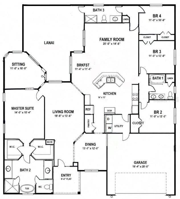 This is a floor plan for a four-bedroom house with a garage and a lanai — 2660 LEDGEMONT COURT, CLERMONT, FL