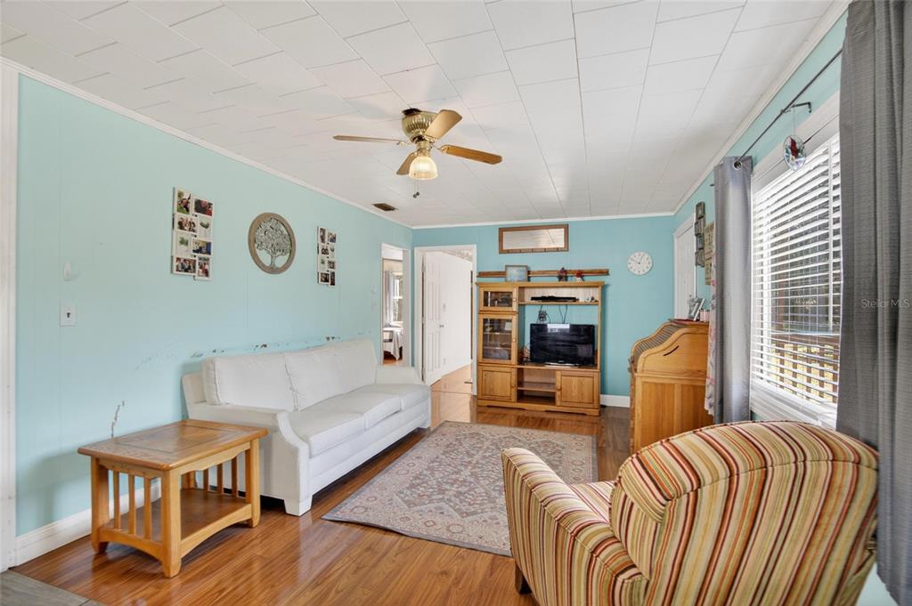 A living room features light blue walls, a white sofa, wood flooring, and a ceiling fan — 2102 COLUMBUS DRIVE, BRANDON, FL