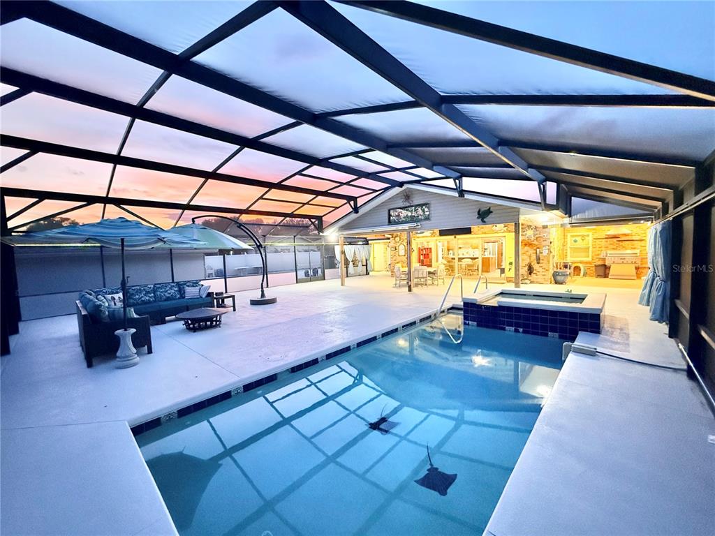 A screened-in patio features a swimming pool, a hot tub, and outdoor seating — 209 W DELAWARE STREET, TAVARES, FL