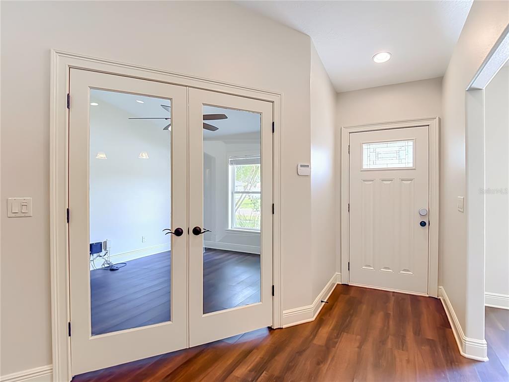 A foyer features dark wood flooring, a white front door, and double glass-paneled interior doors — 4113 HOLLOW HILL DR, TAMPA, FL