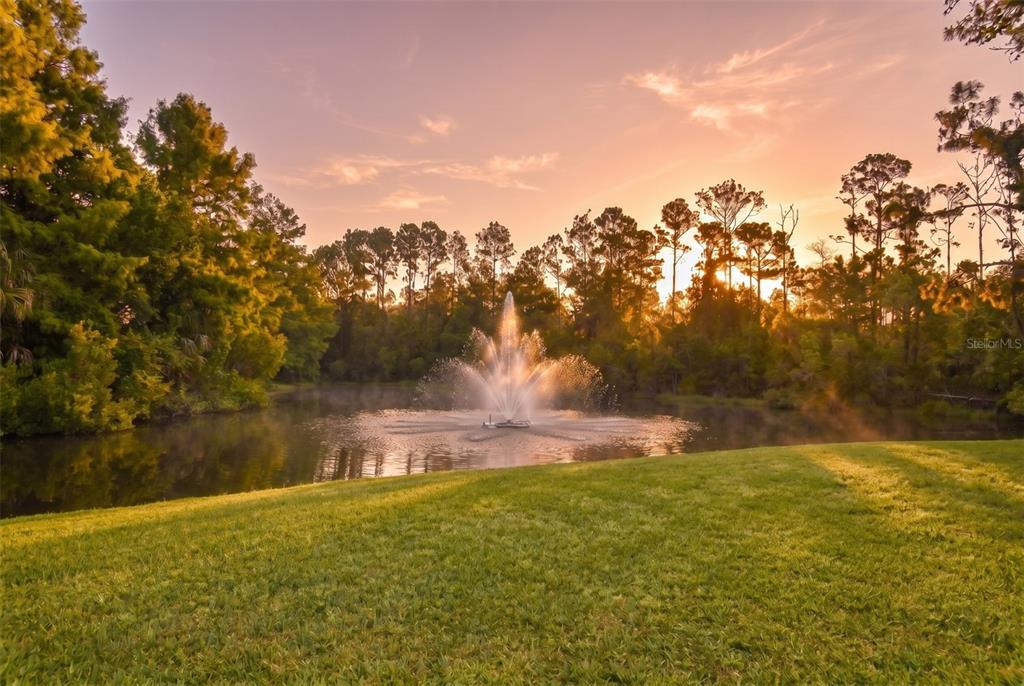 A fountain sprays water in the center of a pond surrounded by trees at sunset — 114 SHADOWCREEK WAY, ORMOND BEACH, FL