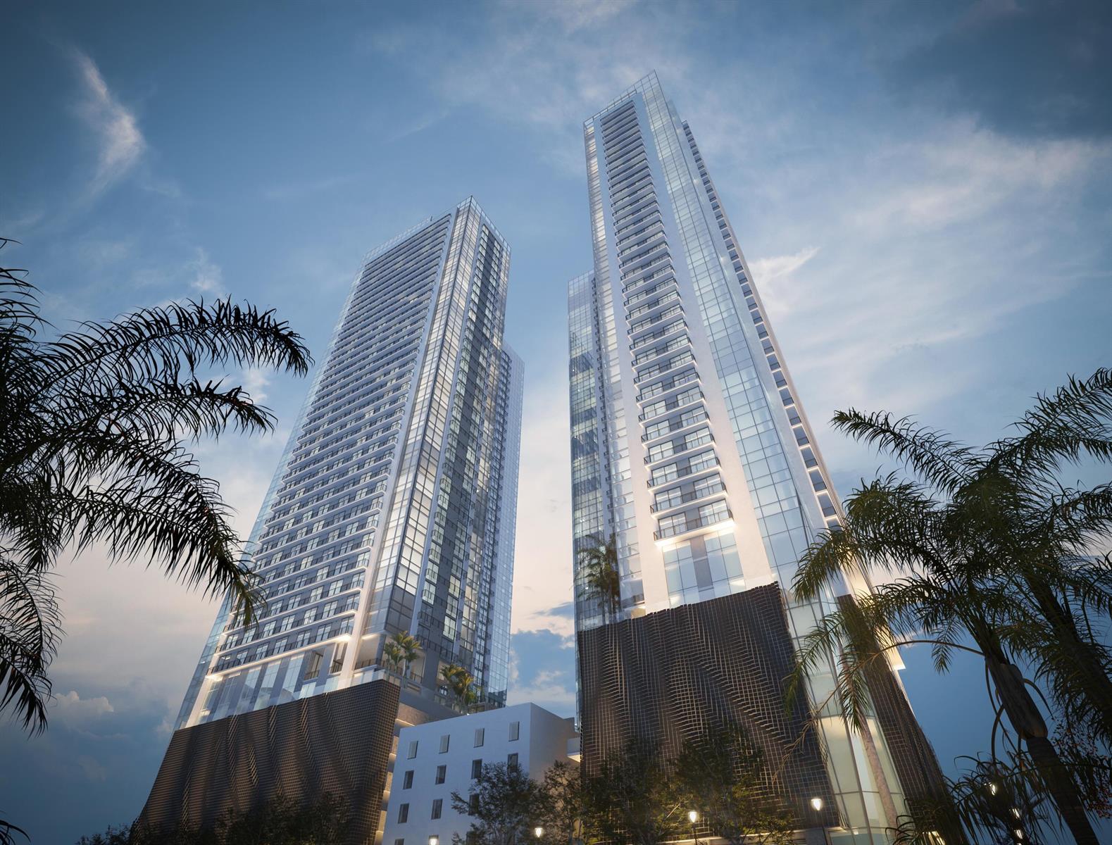 A rendering shows two modern glass skyscrapers rising above palm trees against a blue sky — 55 NE 2nd Street # 1808, Miami FL 33132, MIAMI, FL