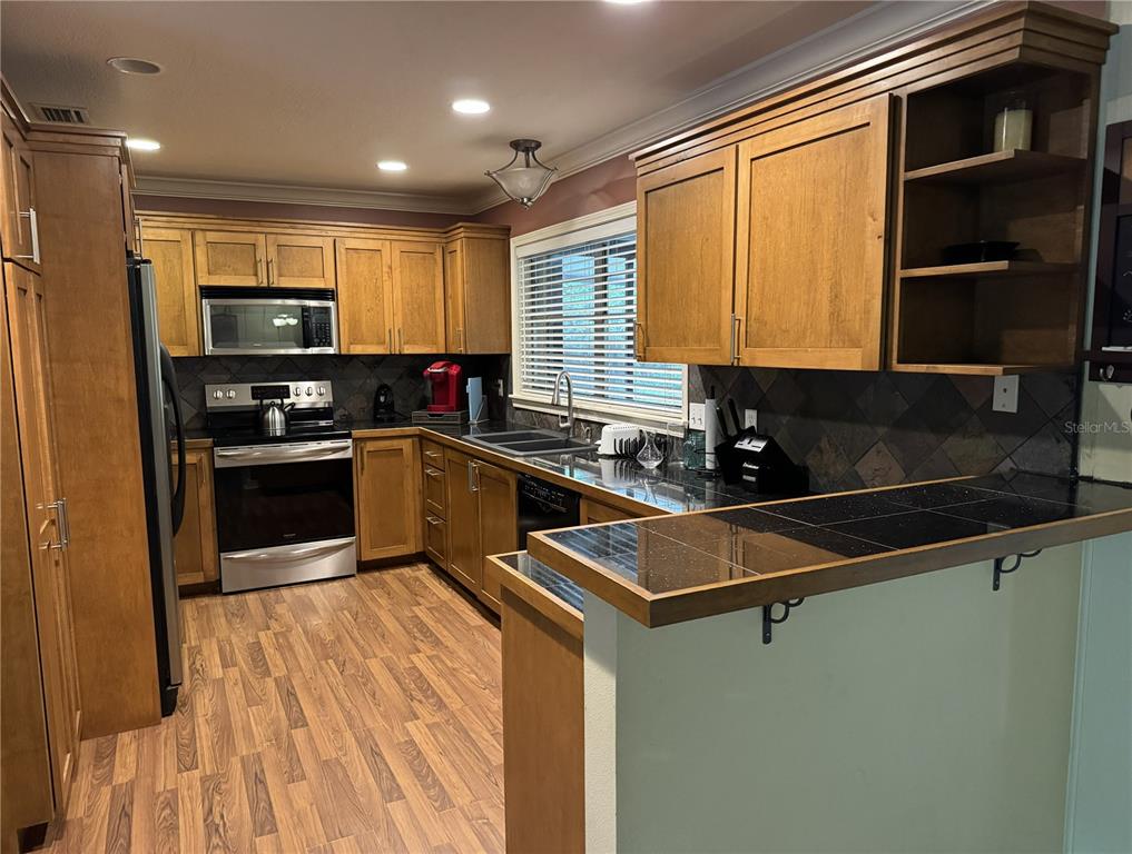 A kitchen features wood cabinets, dark tile countertops, stainless steel appliances, and wood-look flooring — 560 N LAKE PLEASANT ROAD, APOPKA, FL