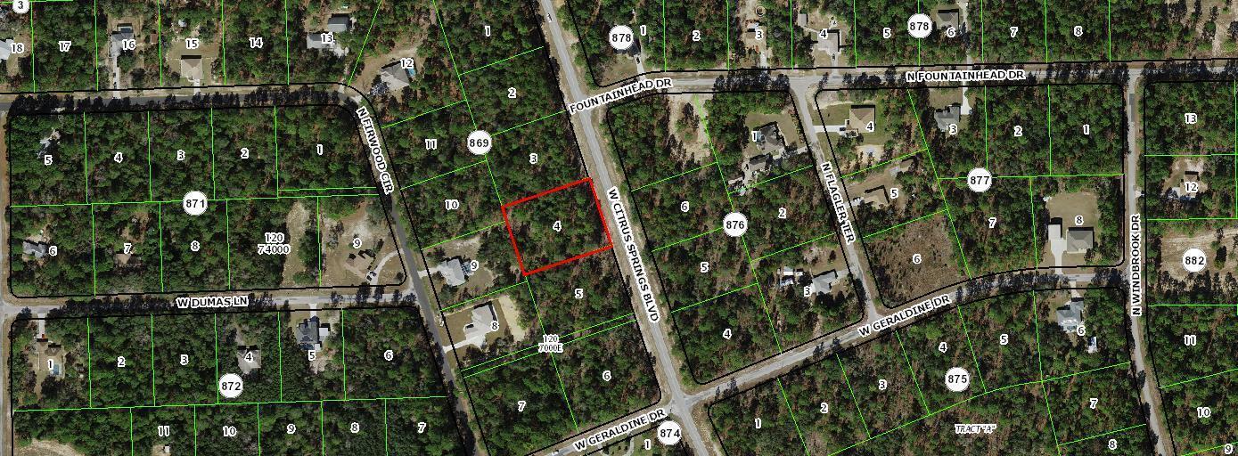 This is an aerial map showing a vacant lot outlined in red along a road — 4130 W Citrus Springs Boulevard, FL 34433, FL