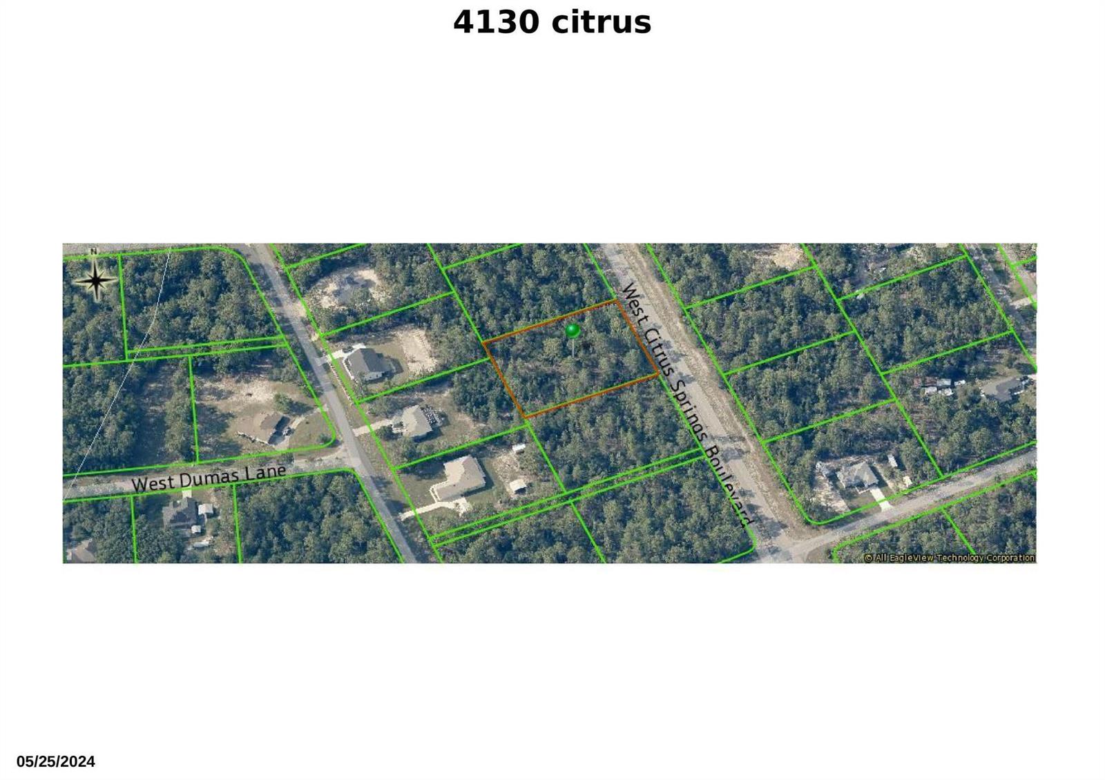 This is an aerial map showing a wooded lot outlined in orange on a residential street — 4130 W Citrus Springs Boulevard, FL 34433, FL
