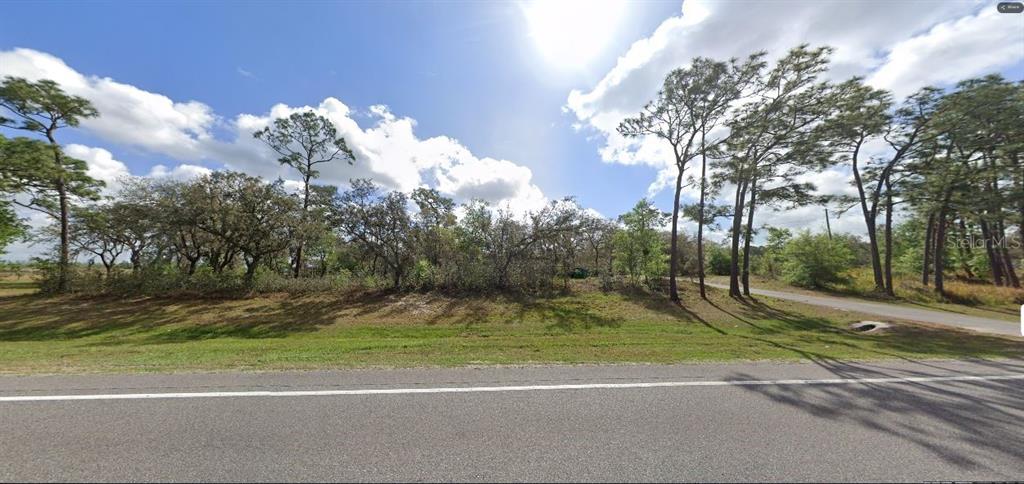 A paved road runs in front of a vacant, wooded lot under a sunny sky — COMMONWEALTH AVENUE N, POLK CITY, FL