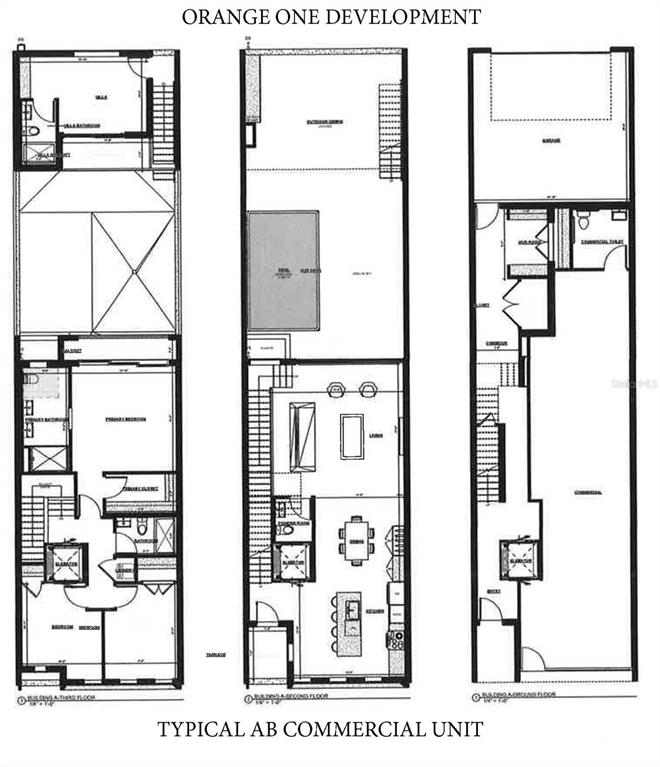 This is a floor plan for a three-story commercial and residential unit development — 410 N ORANGE AVENUE UNIT 118, SARASOTA, FL