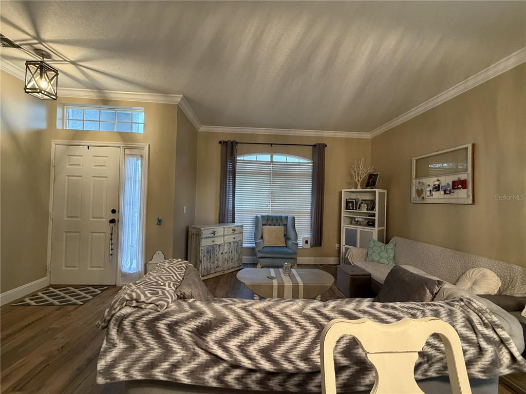 A living room features light wood flooring, a white front door, and a large window — 923 BRIDGEWAY BOULEVARD, ORLANDO, FL