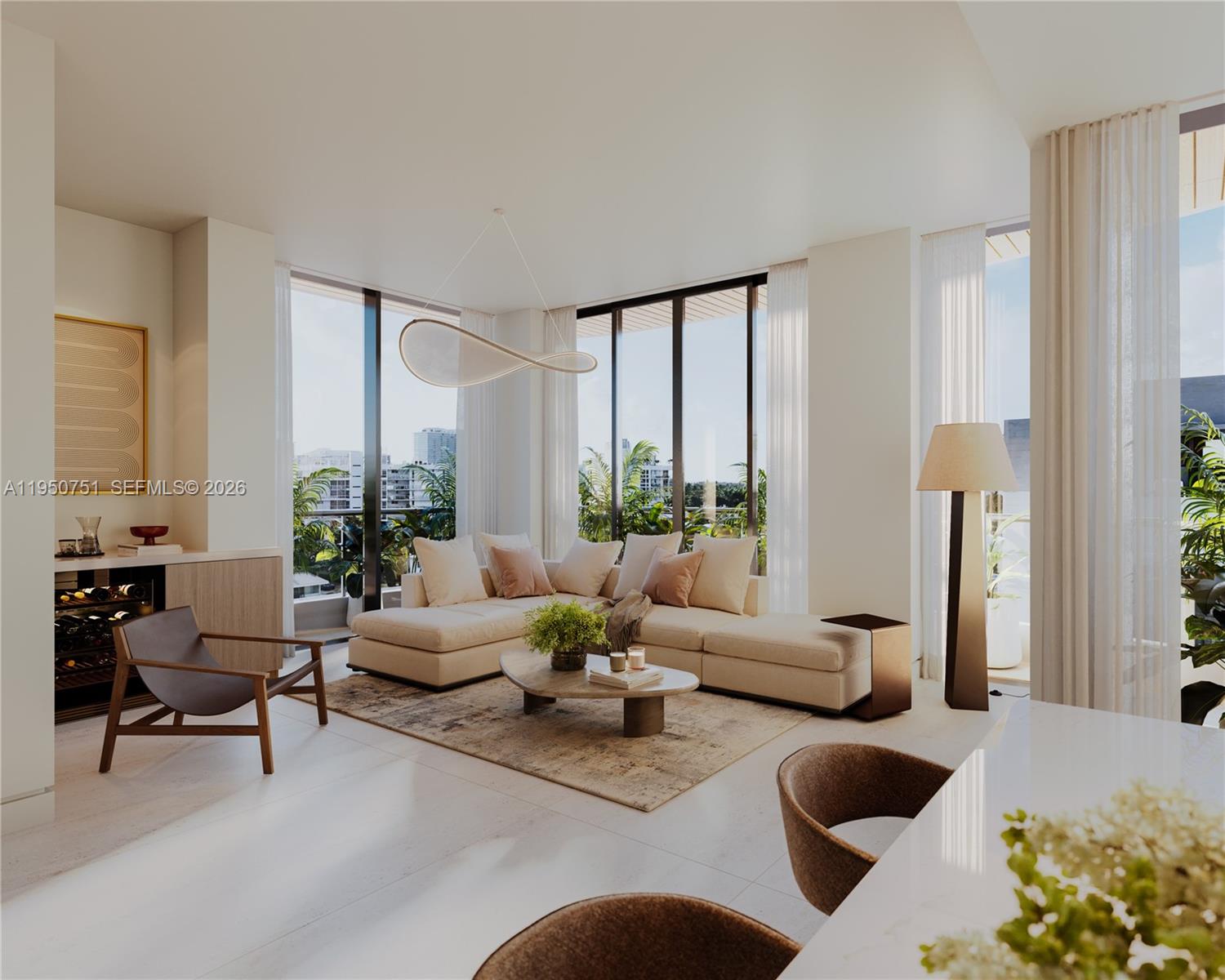 This rendering shows a modern living room with a sectional sofa, floor-to-ceiling windows, and balcony — 1125 97th St # 202, Bay Harbor Islands FL 33154, BAY HARBOR ISLANDS, FL
