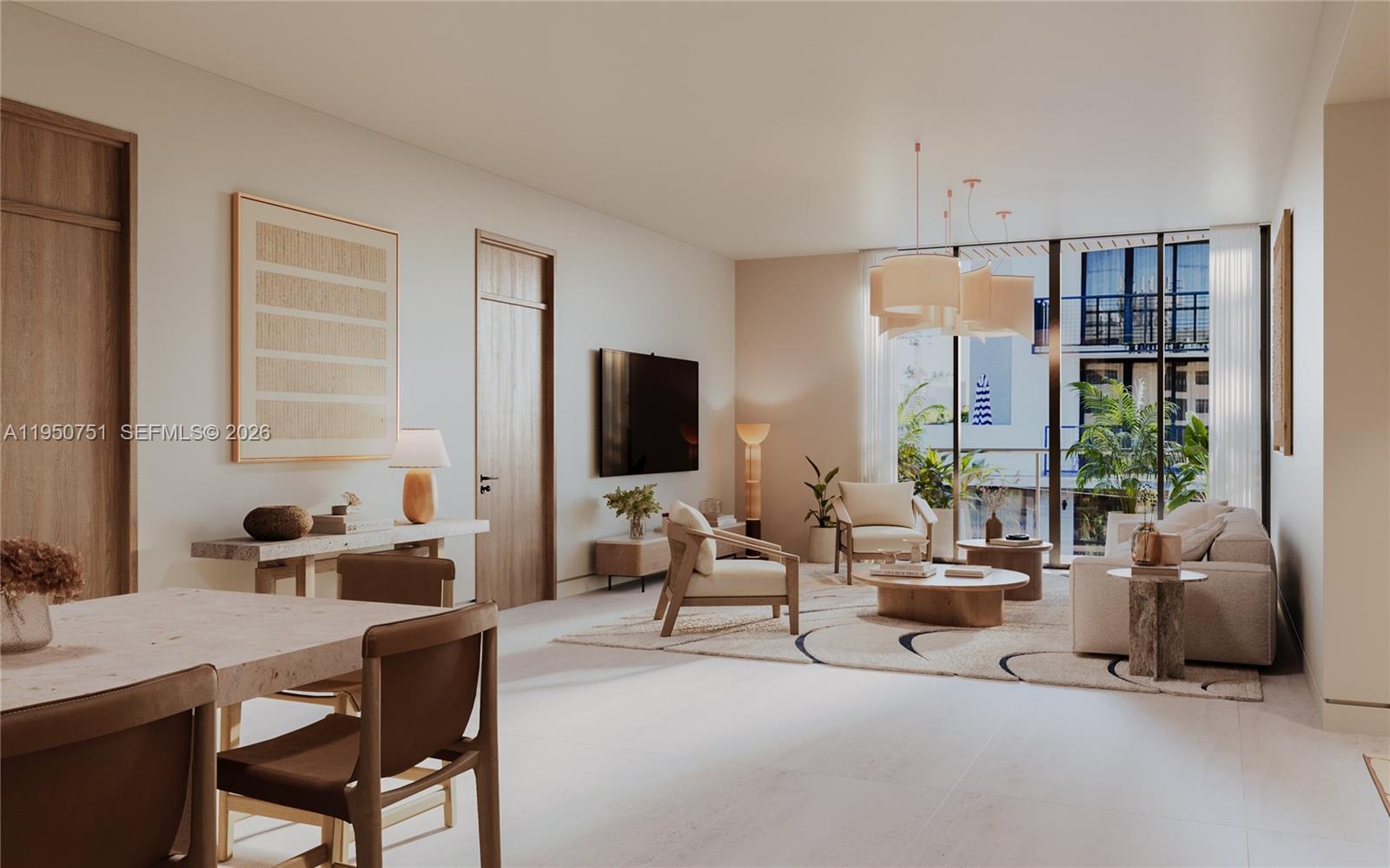This rendering shows a modern living and dining area with neutral furniture and wood accents — 1125 97th St # 202, Bay Harbor Islands FL 33154, BAY HARBOR ISLANDS, FL