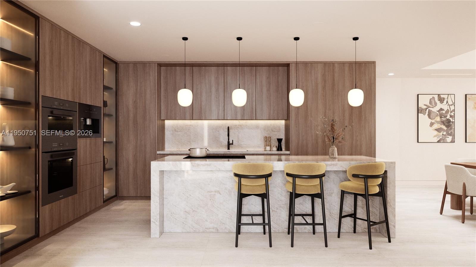This is a rendering of a modern kitchen featuring wood cabinetry and a marble island — 1125 97th St # 202, Bay Harbor Islands FL 33154, BAY HARBOR ISLANDS, FL