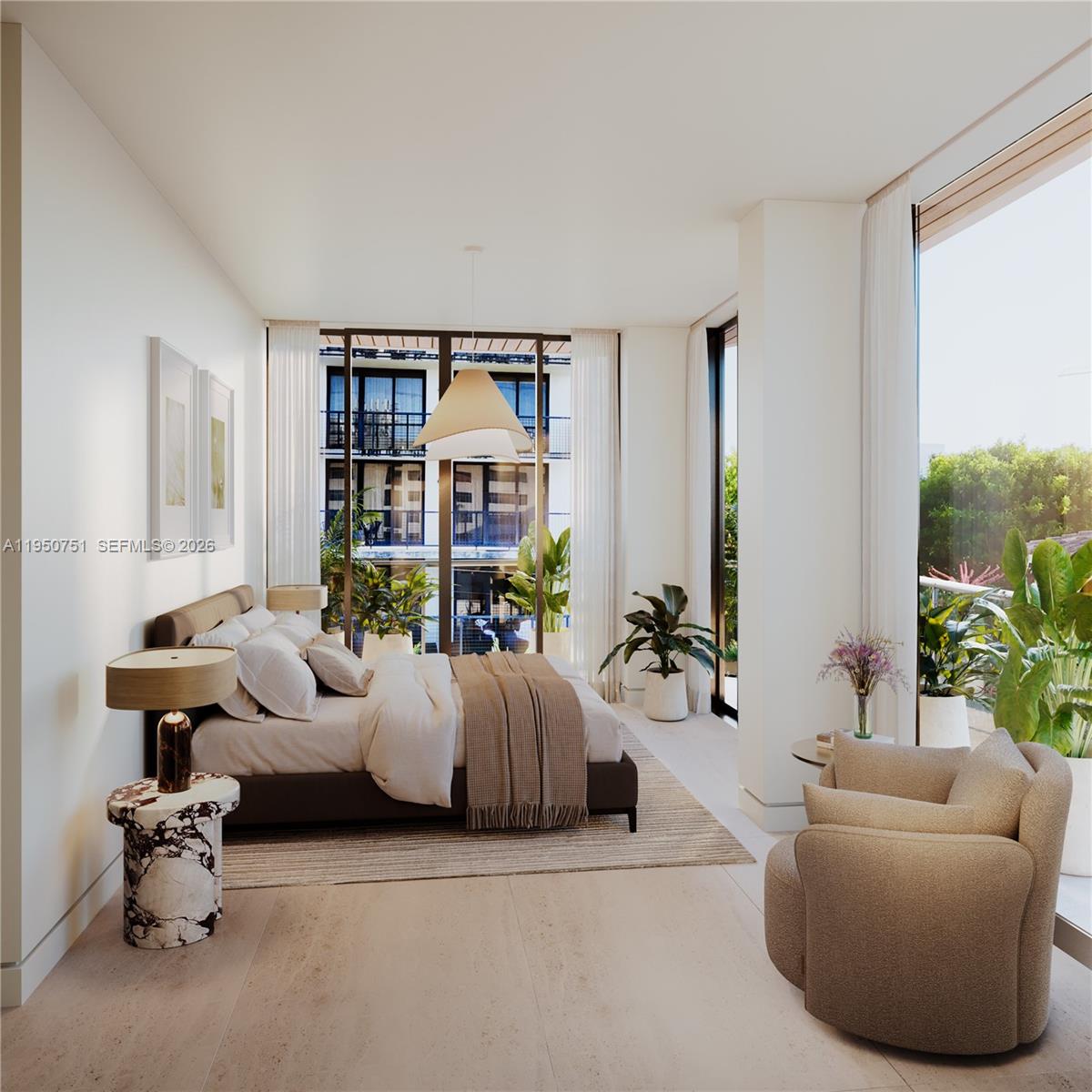 This rendering shows a modern bedroom with a bed, marble side table, and balcony access — 1125 97th St # 202, Bay Harbor Islands FL 33154, BAY HARBOR ISLANDS, FL